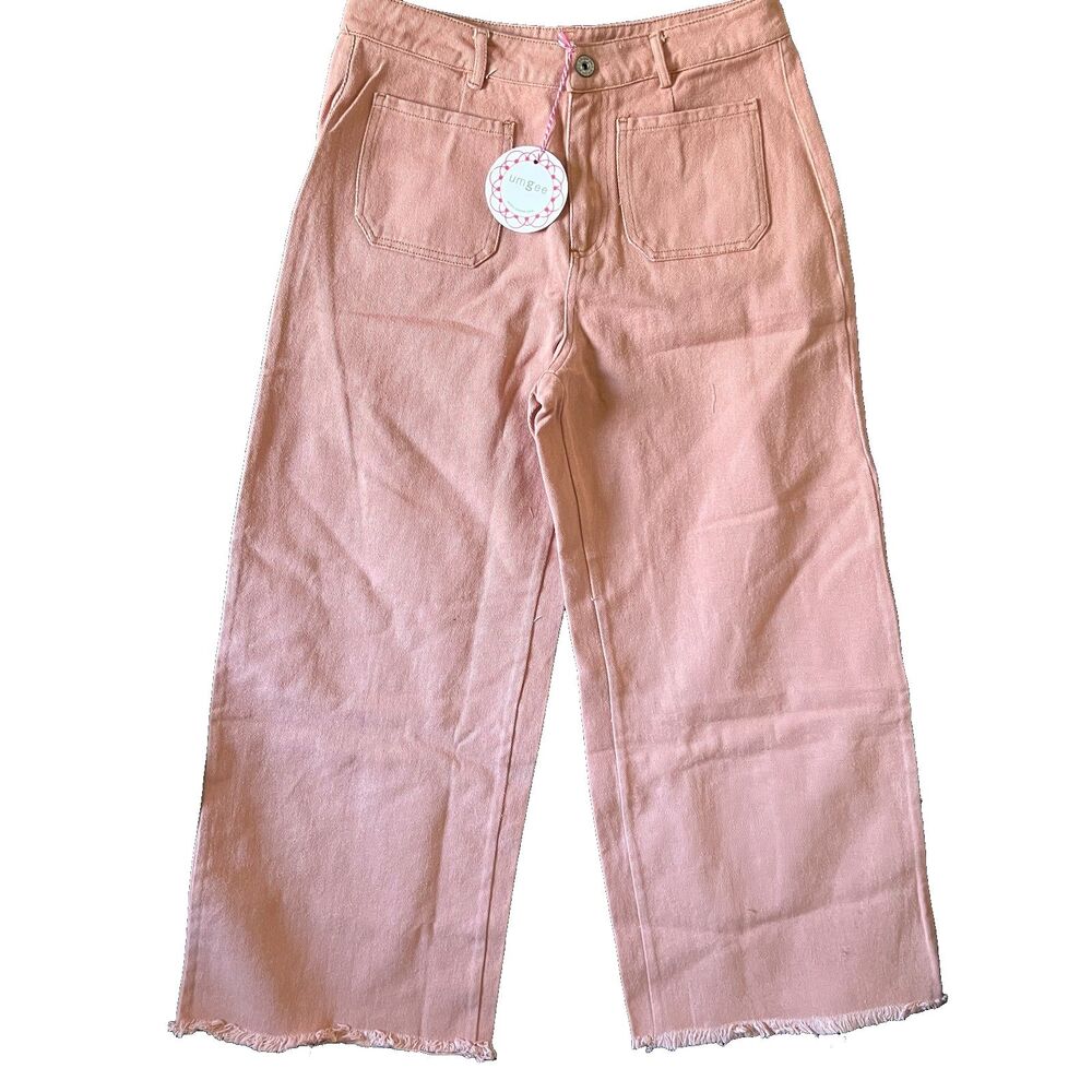 Umgee Womens Pants Jeans M Pink Wide Leg Frayed Cotton